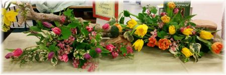 Flowers used - Tulips and flowering currant.  The wood element is a branch from the shrub Osmanthus.