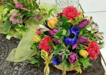 Flowers used - Tulips, Carnations, Alstroemeria in a wicker basket. (View from the top)